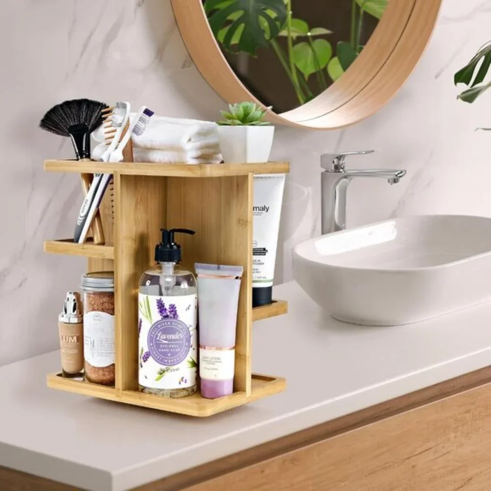 New 360° Bamboo Makeup Organizer, Rotating Cosmetic Storage for Vanity
